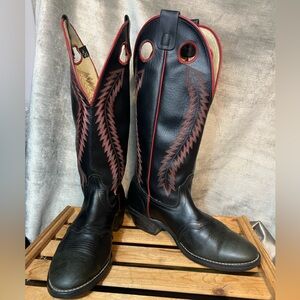 Vintage Texas Brand Buckaroo Riding Leather Black Boots w/Red Stitching. 10.5 EE
